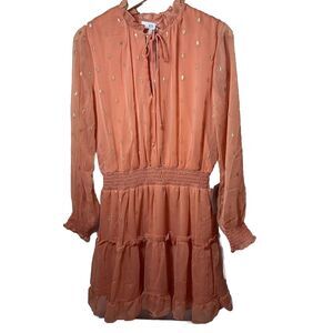NSR Dress Peach Gold Metallic Swiss Dot Ruffle Chiffon Peasant Medium Bo…